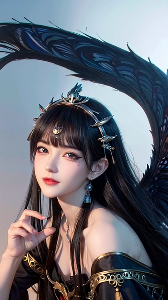 ((high quality, cinematic, best quality, extreme details, masterpiece detail eyes, Oriental fantasy background)), night, Dark clouds (Many lightning bolts) Black phoenix wings (peafowl), noble, grace, beauty, cold , Queen, beauty的女孩 (Oriental female surnames), eyes closed (Thoughts), (Black) Oriental Clothing, Upper body 8k, Shoulder (Black feather cloak), On the shore