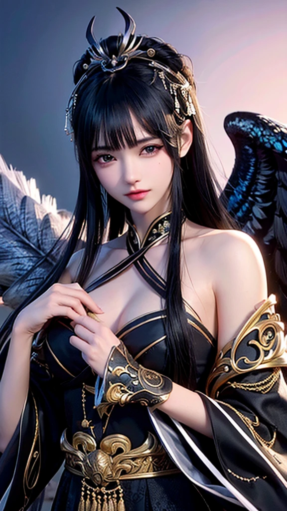 black hair, red eyes, sexy, large breasts, sexy, beautiful body, masterpiece, smile, bedroom, nude, naked, nipples,Sexual Intercourse, (cum in pussy),(breast milk), angel wings