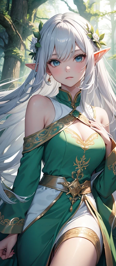 Elf Very beautiful dress Light Silver Hair Girl high and cold expression Green Forest magic masterpiece超高清牛仔镜头 明亮的画面,暖色Light,神圣的Elf,Around 20 years old,Floating in the air,Top quality,Top image quality,masterpiece,Exquisite facial details