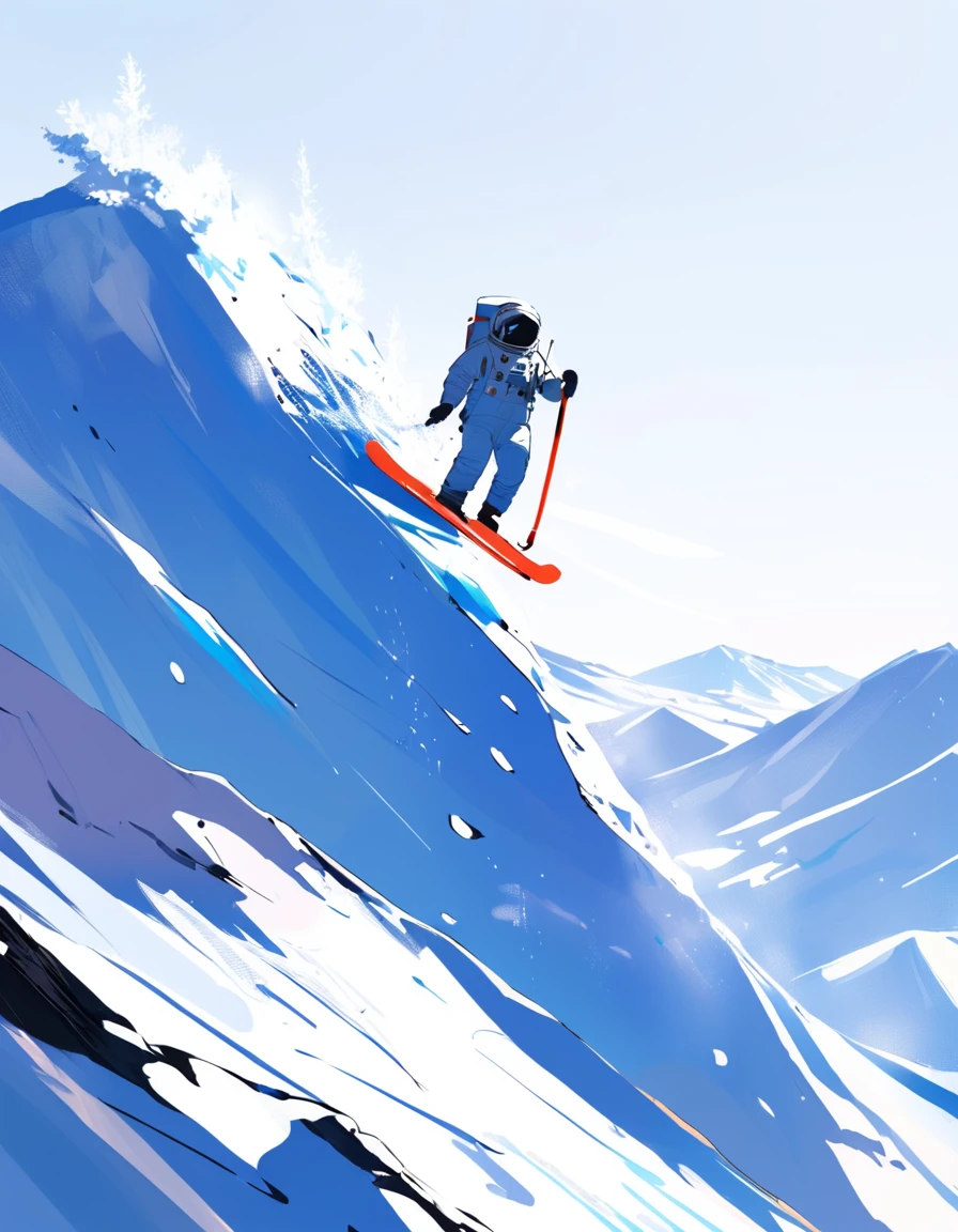 extremely clear 8K wallpaper, extremely delicate and detailed face:1.3, absurdres, masterpiece, pixiv contest winner, by Demizu Posuka, flat design, minimalism, simple, full body, an astronaut is skiing on snowy mountain.,