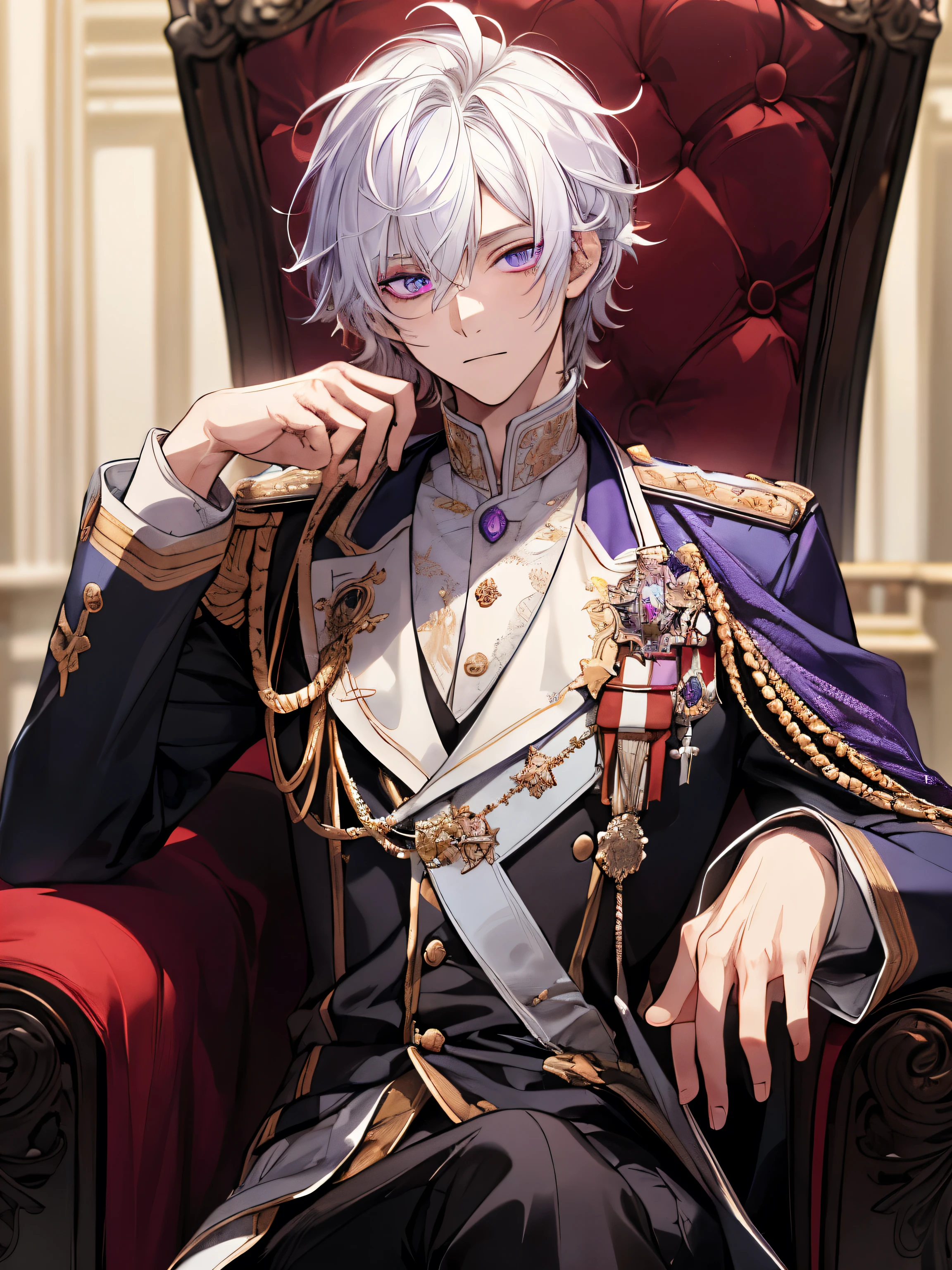 Young male teenager, Sitting, At the Palace,Super detailed, Ultra HD, masterpiece, Highest quality,Purple eyes, Gray Hair, Medium Hair,Messy Hair,Prince&#39;s Uniform,Close-up photo