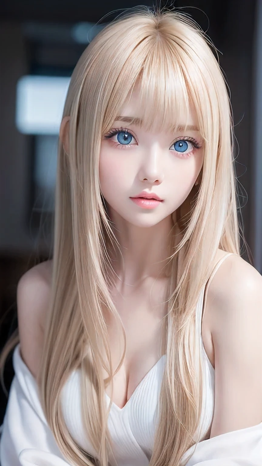 1 Girl, very messy blonde hair, Super long beautiful blonde、Very beautiful super long shiny hair、Bangs between the eyes、bangs on the face、Very beautiful cute face、Very cute beautiful girl、Very white, shiny, radiant skin、solo、super high quality、Hard Focus、Film Grain、Ultra-high resolution、masterpiece、Beautiful detailed, clear, sparkling, light blue large eyes、Very big eyes、Small Face Beauty、Round face、