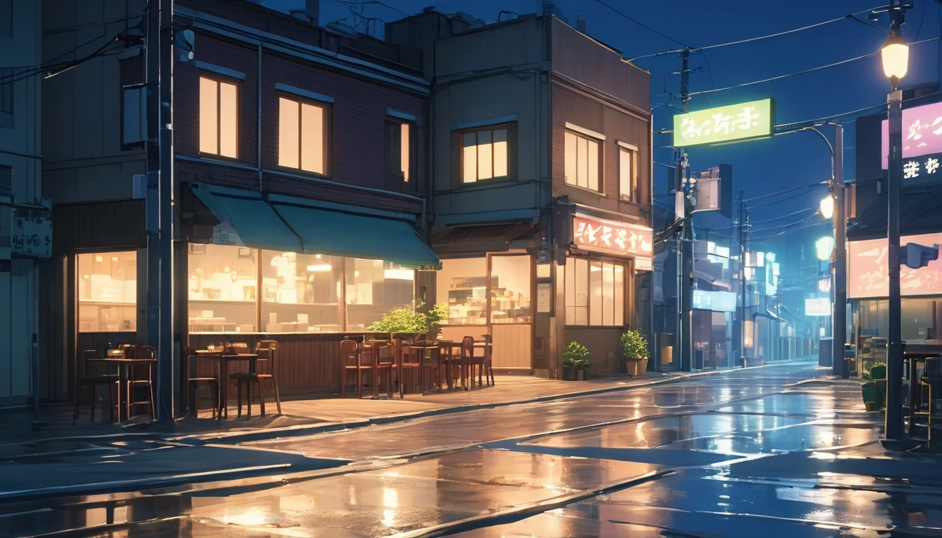Generate an image of a deserted street at night with a lofi aesthetic coffee shop, highlighting the illuminated sign and the lamp posts in the background, makoto shinkai&#39;conceptual artwork, tumblr, magical realism, cute anime dinners, cloudy sky. por Makoto Shinkai, ( ( makoto shinkai ) ), anime background art, anime backgrounds, makoto shinkai&#39;styled, anime movie backgrounds, sin humanos. Urban Japan