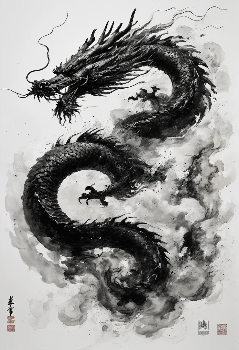 A Chinese dragon hovers in the air，Chinese dragon painted by Wu Guanzhong，Ink Painting，color，White background，Abstract simple lines，illustration，masterpiece，Ultra HD