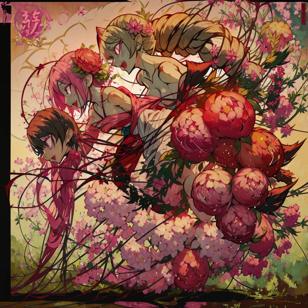 masterpiece, best quality, extremely detailed, アニメ, {{plant thorny shrub around her}}, monster girl, mandrake, flower girl, {{fusion of cherry blossom and girl, }}, {{{{lower body united with flower }},, Cherry-blossom color hair, crimson eyes, hair so long it reaches the ground, pink kimono, Office,prostitute, different world, Weapons Japanese Sword, The Wizard of Cherry 、Traptrix、The lower half of the body is embedded in the flower,Florabeast,plant girl