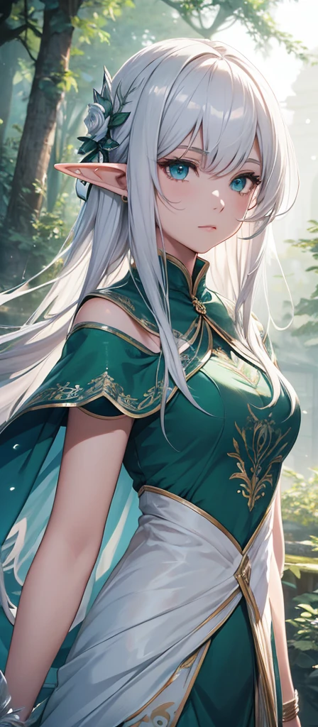 Elf Very beautiful dress Light Silver Hair Girl high and cold expression Green Forest magic masterpiece超高清牛仔镜头 明亮的画面,暖色Light,神圣的Elf,Around 20 years old,Floating in the air,Top quality,Top image quality,masterpiece,Exquisite facial details