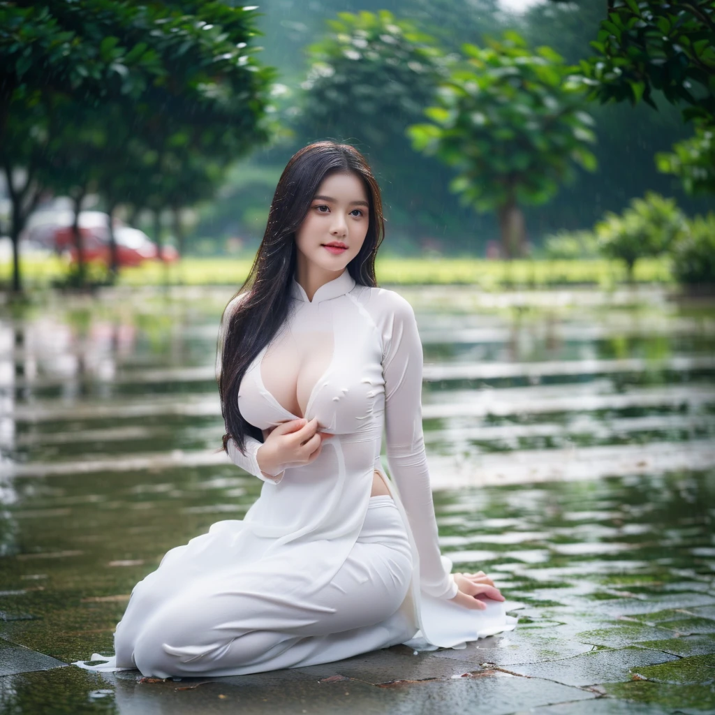 big breasts, round breasts, wearing bra inside ao dai, slim figure, beautiful figure, big breasts, long straight hair, ((sharp 8k quality photo)), ((details of beautiful, sharp face, face balanced) cho)), ((beautiful breasts, exposed cleavage, plump body), (( beautiful sparkling eyes, sharp eye details, beautiful face, balanced eyes)), (( sitting in the rain full body, wet ao dai revealing chest in the rain)), ((super beautiful body with high details, tight body with bust and slim waist)), ((round breasts, exposed chest, tight topless chest, nude, naked, no shirt)), ((it was raining heavily, there was no sunshine))