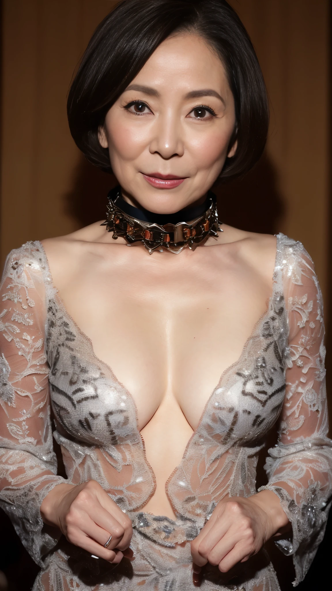 Fractal Art, gravure, look forward to, ((Wearing a dog collar)), slave, Flashy makeup, From the chest up, masterpiece, Highest quality, Very detailed, Realistic, Very detailed肌, Perfect Anatomy, (1 Japanese Mature), (alone), 95 years old, Big Breasts, Mature female politician, Glamour, sexy, Chromo White Skin, View your audience,