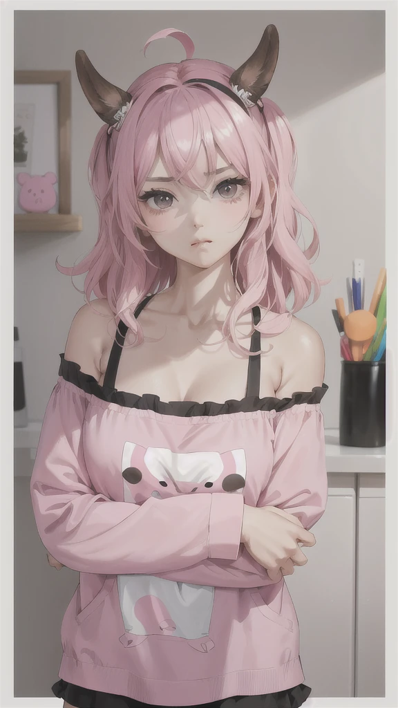 absurdres, best quality, 1girl, solo, looking at viewer, eye focus,  LucoaDM, CasualCL, big black droopy eyes,messy hair,pink,chibi face,pout,white pjs