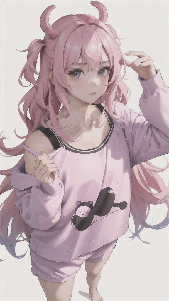 absurdres, best quality, 1girl, solo, looking at viewer, eye focus,  LucoaDM, CasualCL, big black droopy eyes,messy hair,pink,chibi face,pout,white pjs