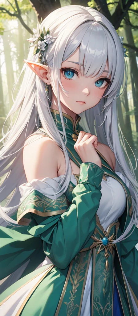 "Create a digital anime style illustration of a beautiful forest goddess。, Flowing white hair. She should wear a fine white dress decorated with leaf and flower patterns., Perfect for a fantasy theme. The design should expose less skin, Especially around the chest and shoulders, Use additional fabric or natural elements such as leaves and vines to cover. Characters should have an elegant and mature appearance, Look Around 2, With expressive eyes and a calm expression. The background is rich, A mysterious forest woven with soft light and shining plants, Enhance the mystical atmosphere."