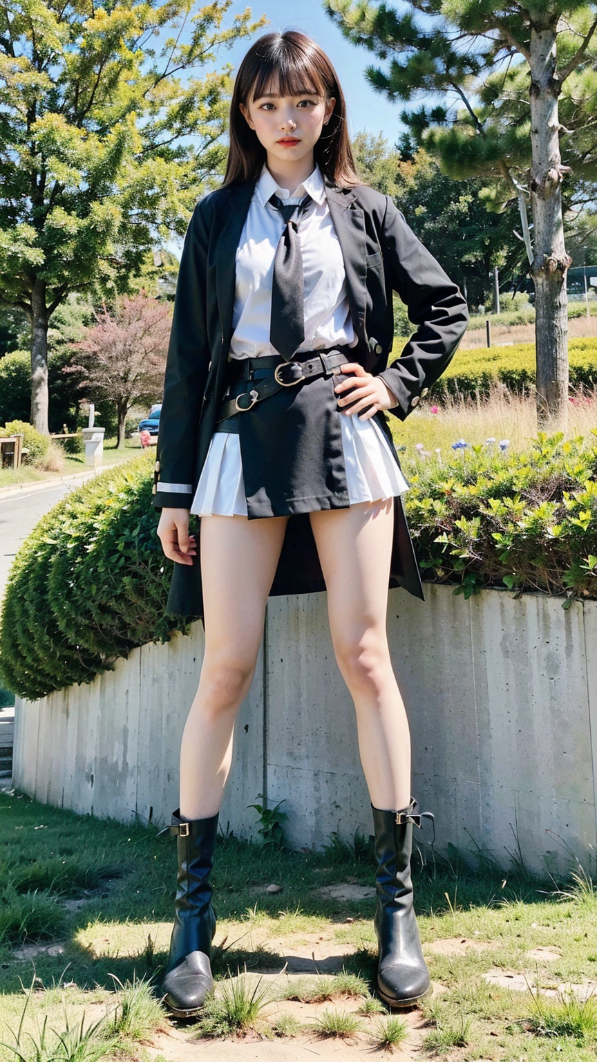 (8K、RAW Photos、Highest quality、masterpiece:1.2)、(Realistic、Realistic)、1 Girl、((Check mini skirt、tie、Medium Hair、black、Thin legs、whole body、boots、blackいコート、one piece、garden、View from the front、Looking into the camera、belt、Stand with hands on hips))、