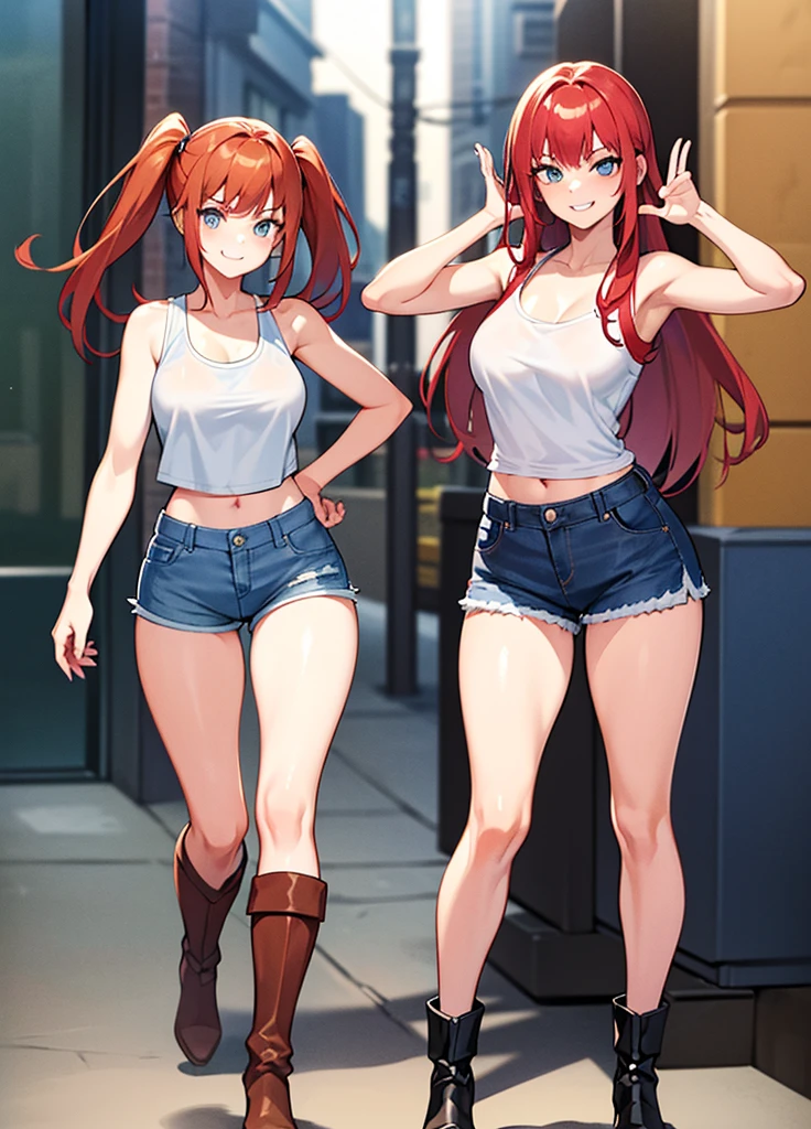 Girl, short tight shorts, Shirt unbuttoned, Bare breasts, chest visible, street background, openlegs, Narrow passage between houses, night, rain, slim body, slim ass, Sneakers, In full growth, twin tail