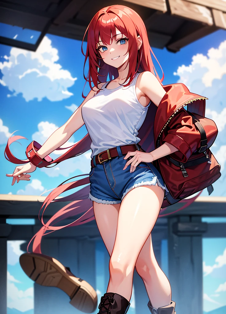 good body, 18 year old young girl, long haired redhead with blue eyes, short white shirt with bare shoulders, short blue denim shorts, SMILE, smiling, short brown boots with white, Kick al aire, Kick, soltando una Kick