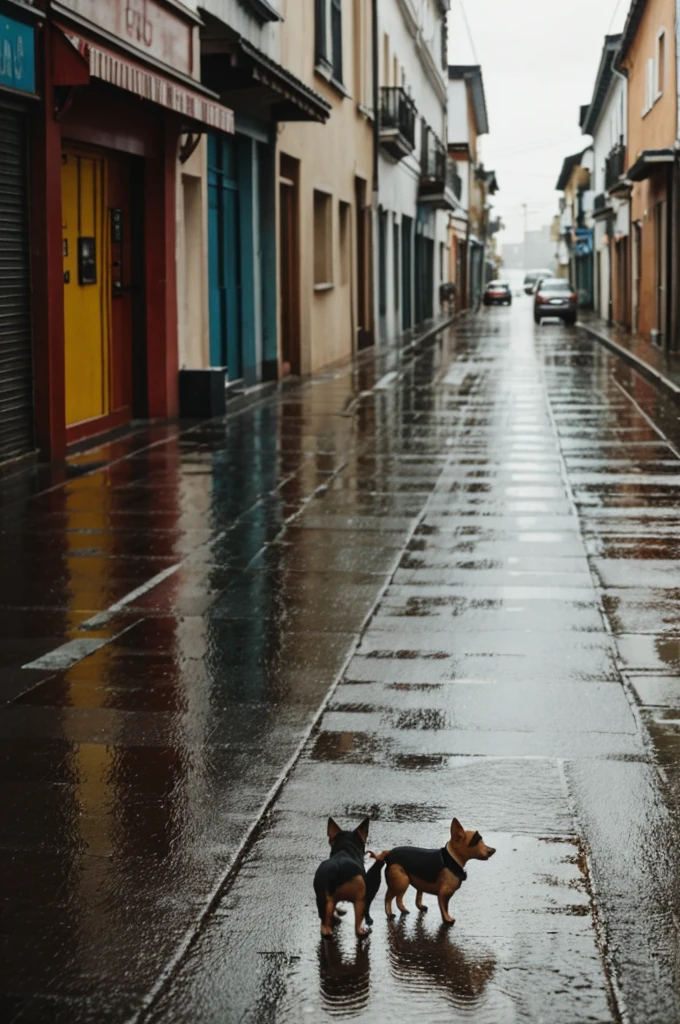 Two small back dogs on a street while it rains