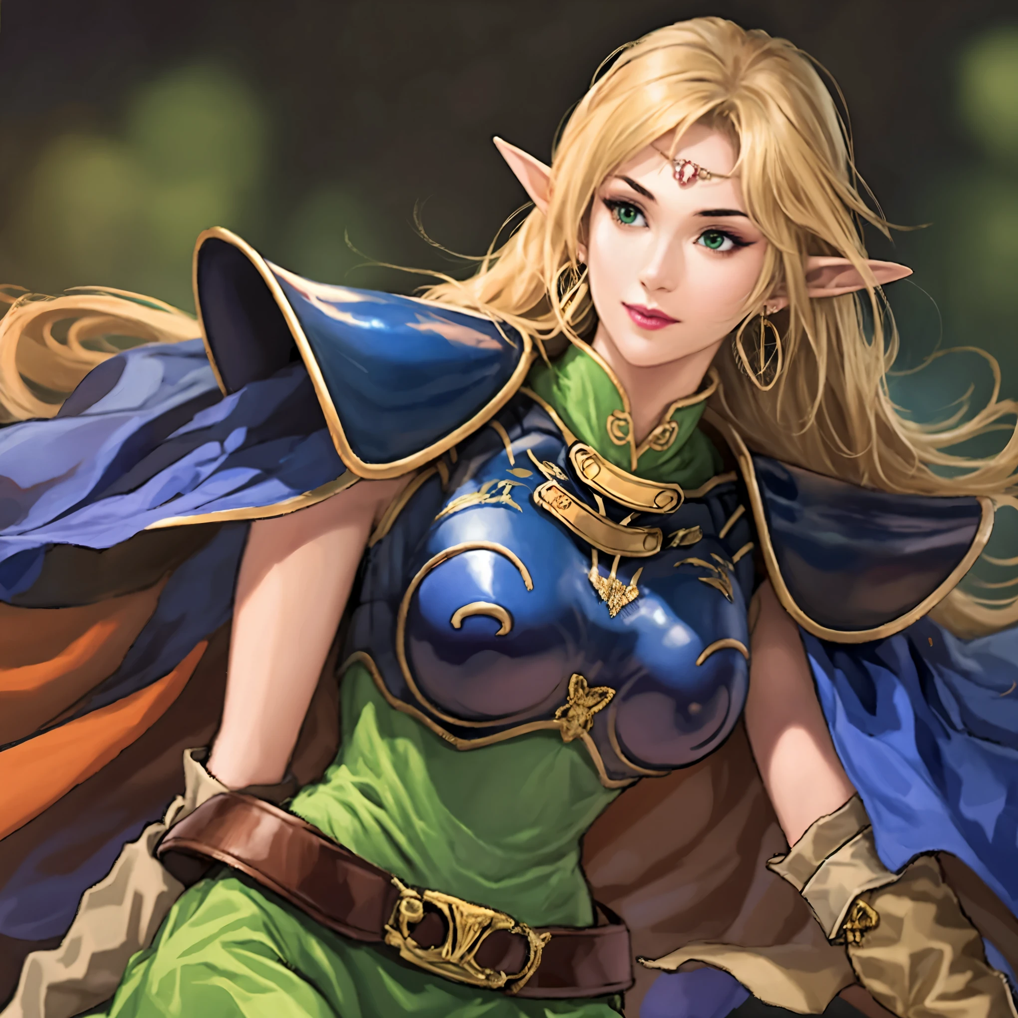 1girl:1.5, masterpiece, best quality, best detail, best proportion, best anatomy, best face, best shaped breasts, sangokushi11, upper body, face, ANI_CLASSIC_deedlit_ownwaifu, www.ownwaifu.com, pointy ears, blonde hair, long hair, elf, circlet, green eyes, long pointy ears, very long hair, breasts, medium breasts, earrings, lips, makeup, bangs, cape, armor, blue cape, shoulder armor, pauldrons, gloves, breastplate, belt, green dress, short dress,
