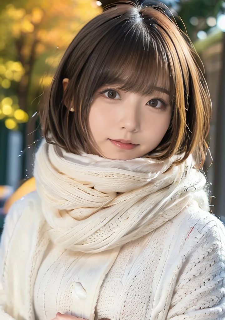 Being with a dog、Bonfire、Hair blowing in the wind、Medium Short Hair、Fluffy scarf in warm colors、Expressing the whiteness of one's breath、Photo from the waist up、Night city illumination shot、Cowgirl Shot、Fur coat、豪華なグレーのミンクのFur coat、Wear fine leather boots、Luxury Bags、Inner turtleneck、Silver necklace and small silver earrings Millionaire style:1.4))、Full body photo、smile、 Caustics、Highly detailed photos、Very beautiful woman 、Ample breasts、No makeup、(8K、RAW Photos、Highest quality、masterpiece:1.2)、(Realistic、Realistic)、1 Girl、((Medium Short Hair、Midwinter、Cold region Snow falling、The wind is blowing、Fluttering Hair、Blur the background、Colorful illuminations、Looking into the camera:1.4))、
