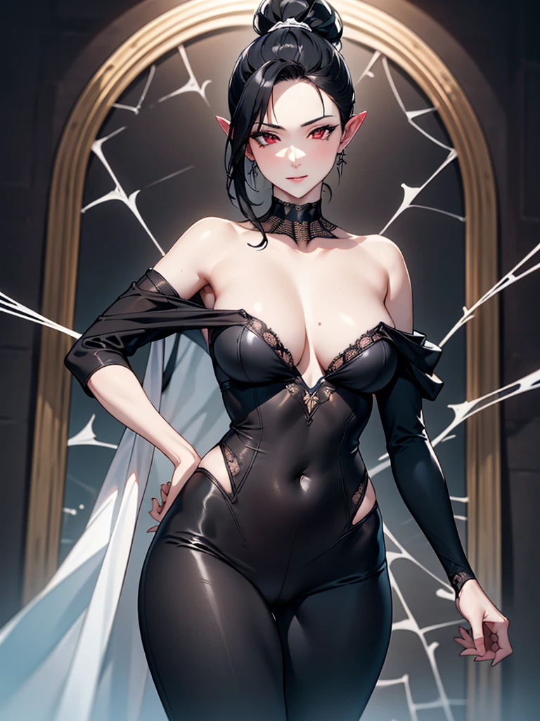 ((masterpiece)), ((super detailed)), Beautiful, beautify, super pretty, ((pale skin)), pale, white skin, (pointy ears), (red eyes), (black hair), (ponytail), web motif, spider webs, spider web design, black and white bodysuit, bare shoulders, white top, ((cleavage)), amused, black shawl, off shoulder shawl, bare shoulders, earrings, solo, ((solo)), mature woman, ((adult)), mature, age 30, (mature), dramatic lighting, grown up, adult, ((mature)), ((mother)), ((adult)), adult, (grown up), fashionable, (tight white top), black leggings, ((spider web design)), black and white clothes