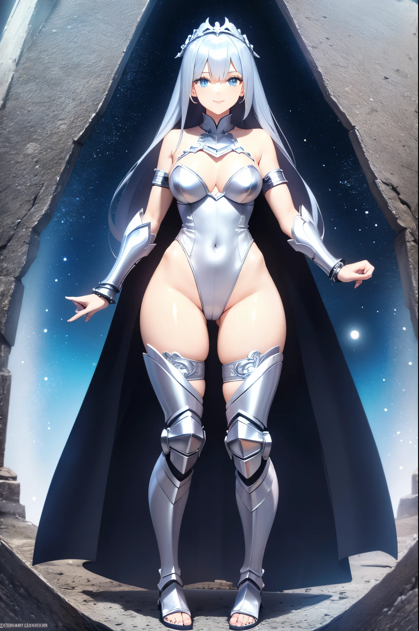 ((Highest quality)), ((masterpiece)), (detailed), Super beautiful、One beautiful woman、She has her bangs down、 whole、upright、Standing with your legs apart、A beautiful girl wearing a super ultra high cut thong leotard that digs into her crotch、Smile、Holy Knight、Silver Shoulder Guards、Shin pads、gauntlet、Silver toe boots、Nail art on toenails、Snowy Plains
