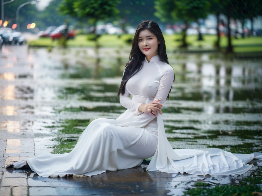 big breasts, round breasts, wearing bra inside ao dai, slim figure, beautiful figure, big breasts, long straight hair, ((sharp 8k quality photo)), ((details of beautiful, sharp face, face balanced) cho)), ((beautiful breasts, exposed cleavage, plump body), (( beautiful sparkling eyes, sharp eye details, beautiful face, balanced eyes)), (( sitting in the rain full body, wet ao dai revealing chest in the rain)), ((super beautiful body with high details, tight body with bust and slim waist)), ((round breasts, exposed chest, tight topless chest, nude, naked, no shirt)), ((it was raining heavily, there was no sunshine))