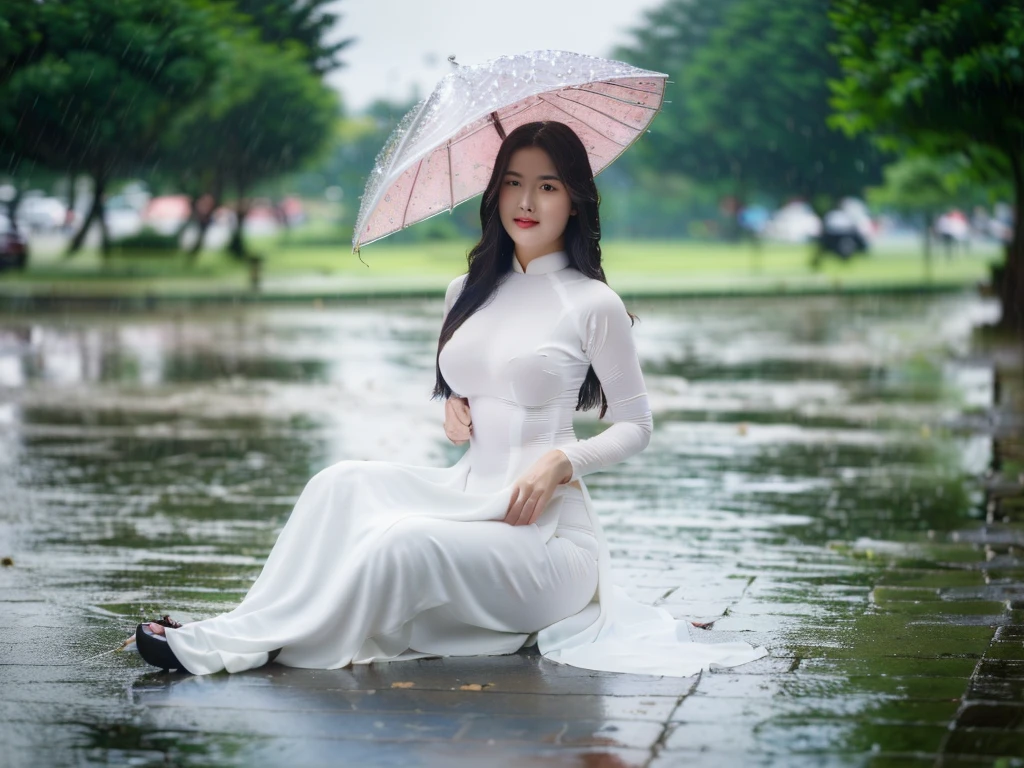 big breasts, round breasts, wearing bra inside ao dai, slim figure, beautiful figure, big breasts, long straight hair, ((sharp 8k quality photo)), ((details of beautiful, sharp face, face balanced) cho)), ((beautiful breasts, exposed cleavage, plump body), (( beautiful sparkling eyes, sharp eye details, beautiful face, balanced eyes)), (( sitting in the rain full body, wet ao dai revealing chest in the rain)), ((super beautiful body with high details, tight body with bust and slim waist)), ((round breasts, exposed chest, tight topless chest, nude, naked, no shirt)), ((it was raining heavily, there was no sunshine))