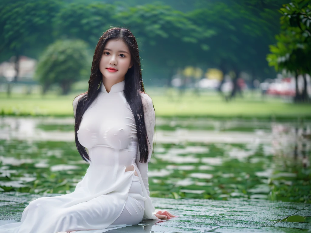 , round breasts, wera inside ao dai, slim figure, beautiful figure, big breasts, long ir, ((sharp 8k quality photo)), ((details of beautiful, sharp face, face balanced) cho)), ((beautiful breasts, exposed cleavage, ply), (( beautiful g eyes, sharp eye details, beautiful face, balanced eyes)), (( sitting in the rain full body, wet ao dai revealing chest in the rain)), ((super beautiful body with high details, tight body with bust and slim waist)), ((round breasts, exposed chest, tight topless chest,naked, no shirt)), ((it was raining heavily, e was nshine))