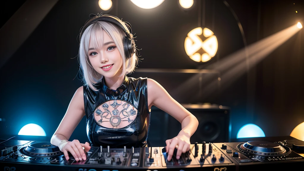 (ultra - detailed, 16K resolution, Cinema lenses, rendering by octane), (high resolution:1.18), intricate detail, (masterpiece:1.1), (highest quality:1.1), (1girl, portrait, white hair, blue eyes, short hair, detailed eyes),Wearing silver DJ headphones, Shiny silver sequined T-shirt, (Iconic hip-hop pop costumes:1.3), Smile while DJing on stage, full body shot of, The spotlight shines on the female DJ. Photorealistic photography by Disco Lighting, (cute round face:1.3), perfect fingers, five fingers, beautiful hands, perfect hands. master peace, cute smile.