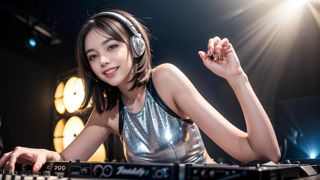 (ultra - detailed, 16K resolution, Cinema lenses, rendering by octane), (high resolution:1.18), intricate detail, (masterpiece:1.1), (highest quality:1.1), (1girl, portrait, white hair, blue eyes, short hair, detailed eyes),Wearing silver DJ headphones, Shiny silver sequined T-shirt, (Iconic hip-hop pop costumes:1.3), Smile while DJing on stage, full body shot of, The spotlight shines on the female DJ. Photorealistic photography by Disco Lighting, (cute round face:1.3), perfect fingers, five fingers, beautiful hands, perfect hands. master peace, cute smile.