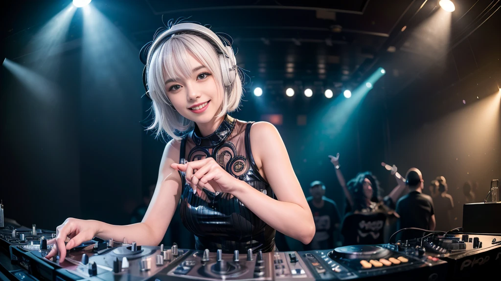 (ultra - detailed, 16K resolution, Cinema lenses, rendering by octane), (high resolution:1.18), intricate detail, (masterpiece:1.1), (highest quality:1.1), (1girl, portrait, white hair, blue eyes, short hair, detailed eyes),Wearing silver DJ headphones, Shiny silver sequined T-shirt, (Iconic hip-hop pop costumes:1.3), Smile while DJing on stage, full body shot of, The spotlight shines on the female DJ. Photorealistic photography by Disco Lighting, (cute round face:1.3), perfect fingers, five fingers, beautiful hands, perfect hands. master peace, cute smile.