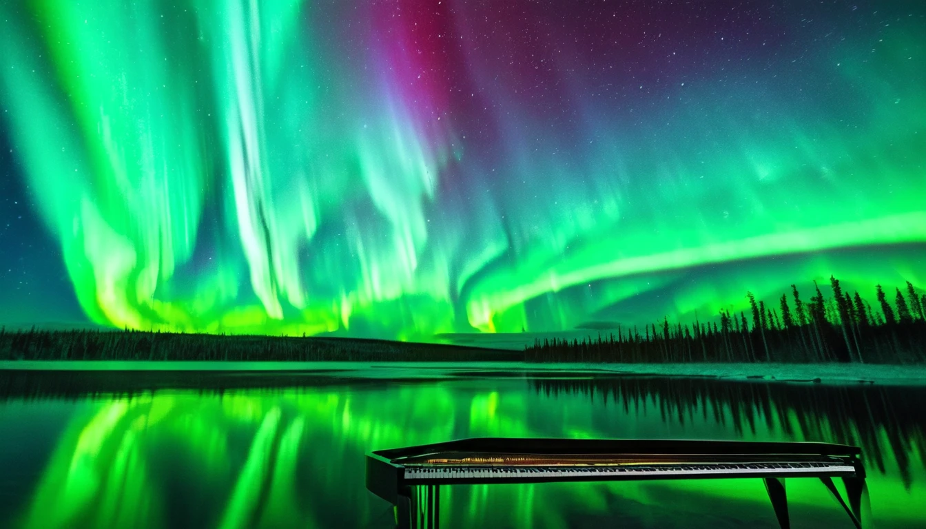 Mysterious and enchanting scenery with one piano placed on the surface of the water under the aurora-filled sky of rainbow. ((A beautiful woman is standing in front of the piano.)) The water surface reflects the view of the Northern Lights and is surrounded by silence. The piano is lit up and looks even more divine.
