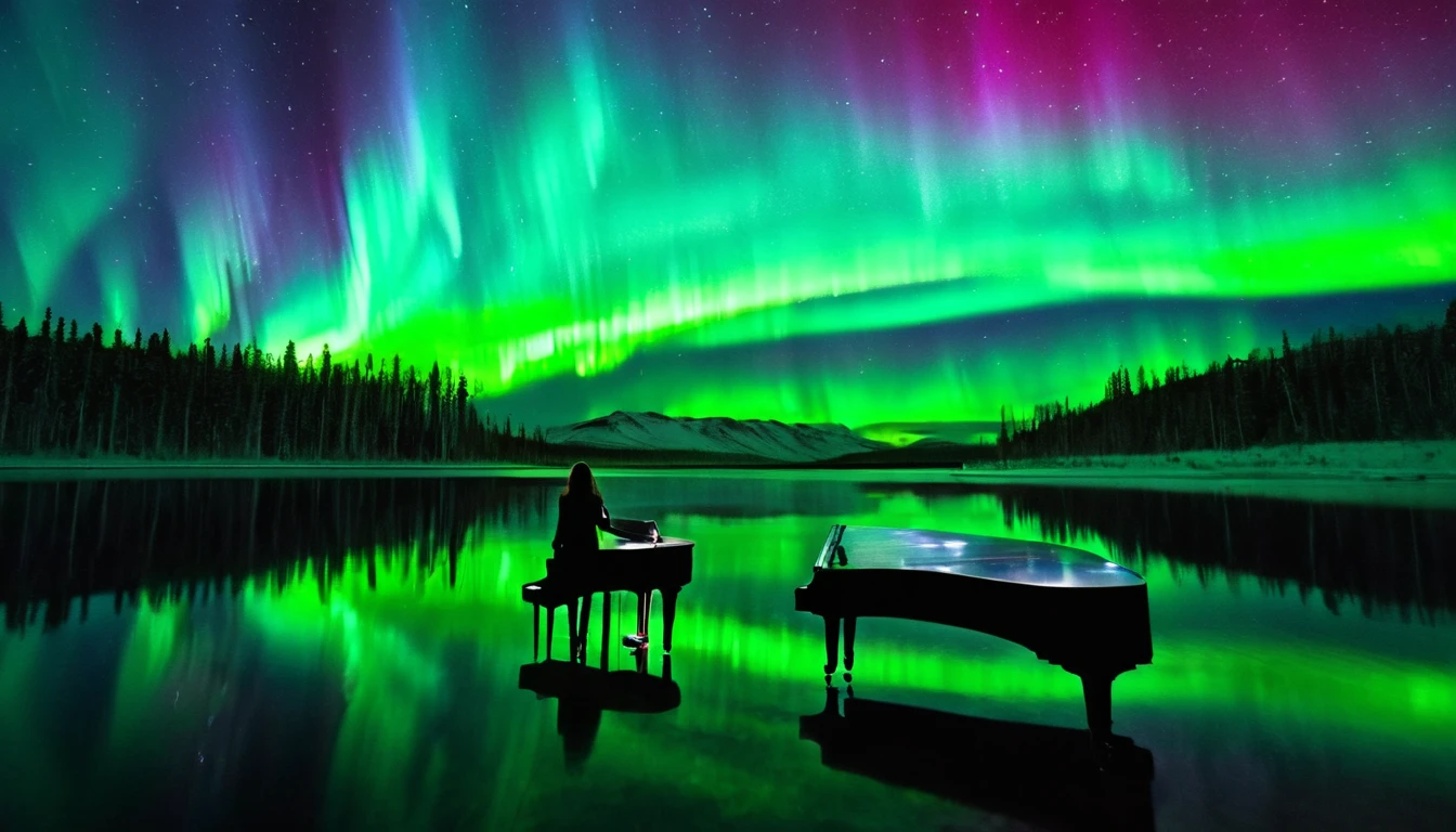 Mysterious and enchanting scenery with one piano placed on the surface of the water under the aurora-filled sky of rainbow. ((A beautiful woman is standing in front of the piano.)) The water surface reflects the view of the Northern Lights and is surrounded by silence. The piano is lit up and looks even more divine.