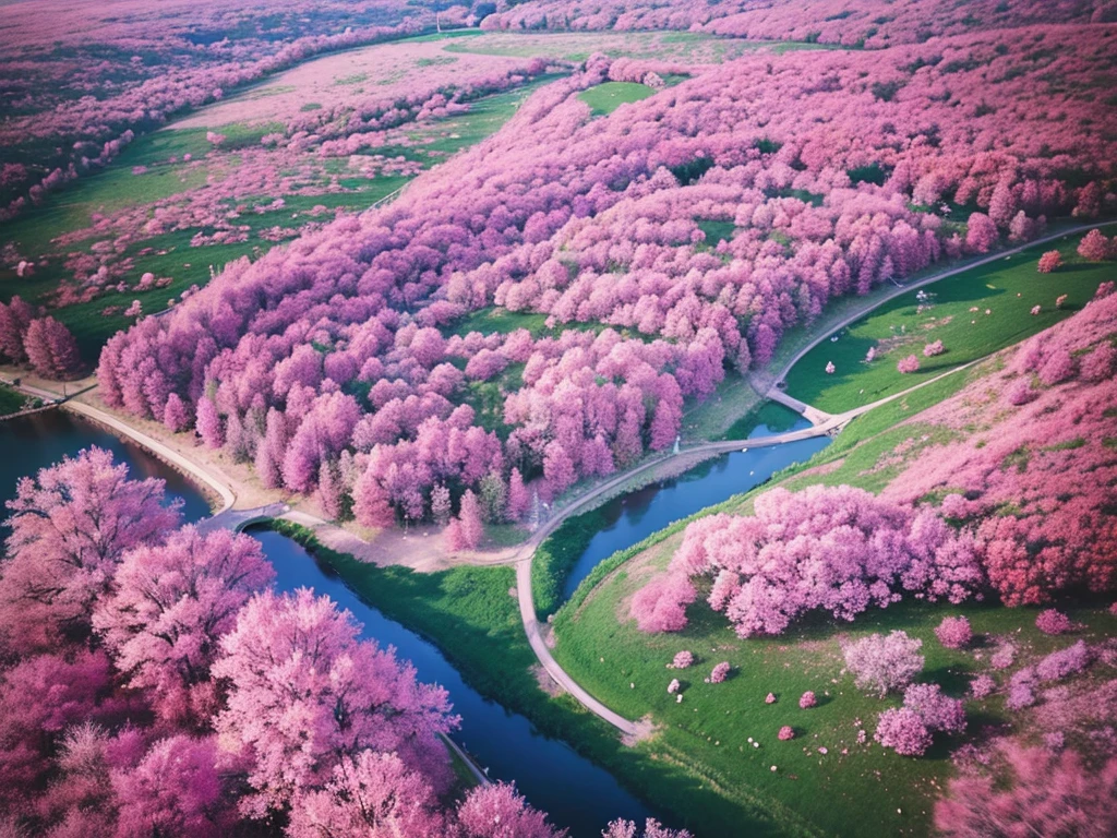 Aerial view,The ground is covered with pink flowers,Endless flowers,Beautiful colors,Real material,Ultra-detailed scenes,4K,real picture