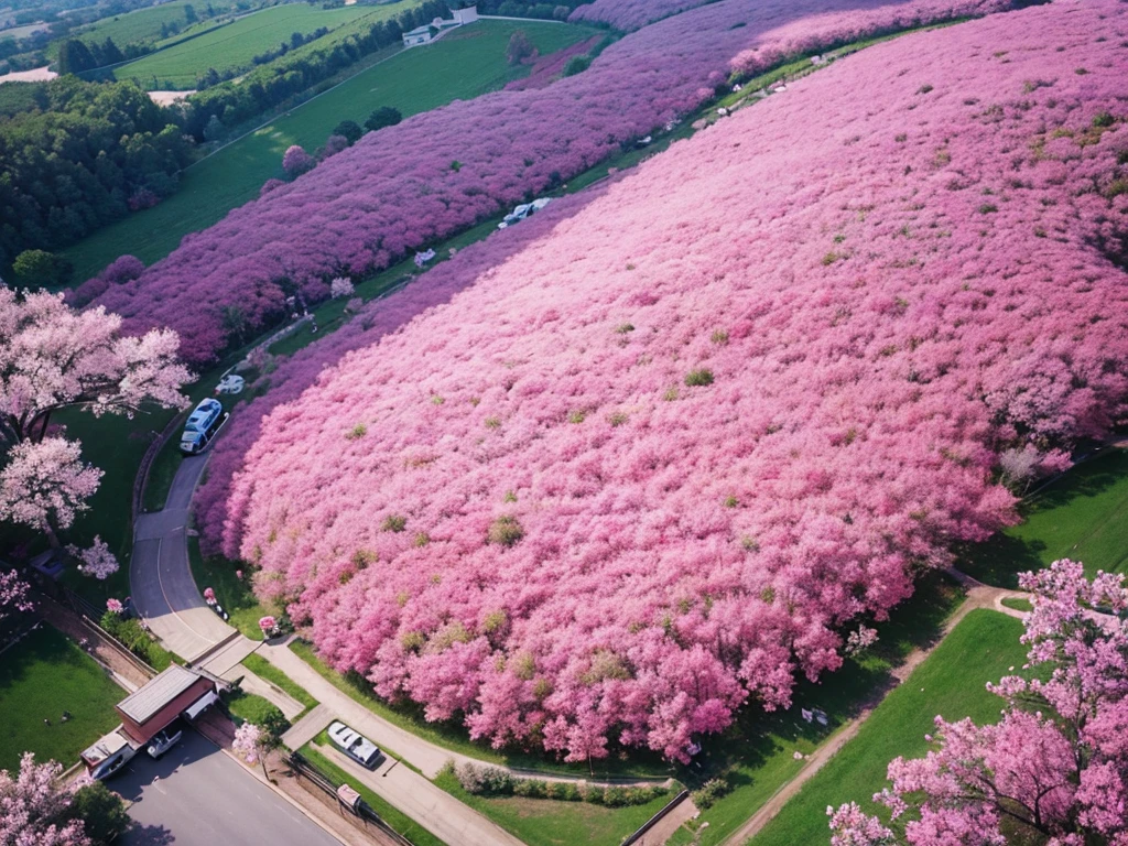 Aerial view，The ground is covered with pink flowers，Endless flowers，Beautiful colors，Real material，Ultra-detailed scenes，4K，real picture