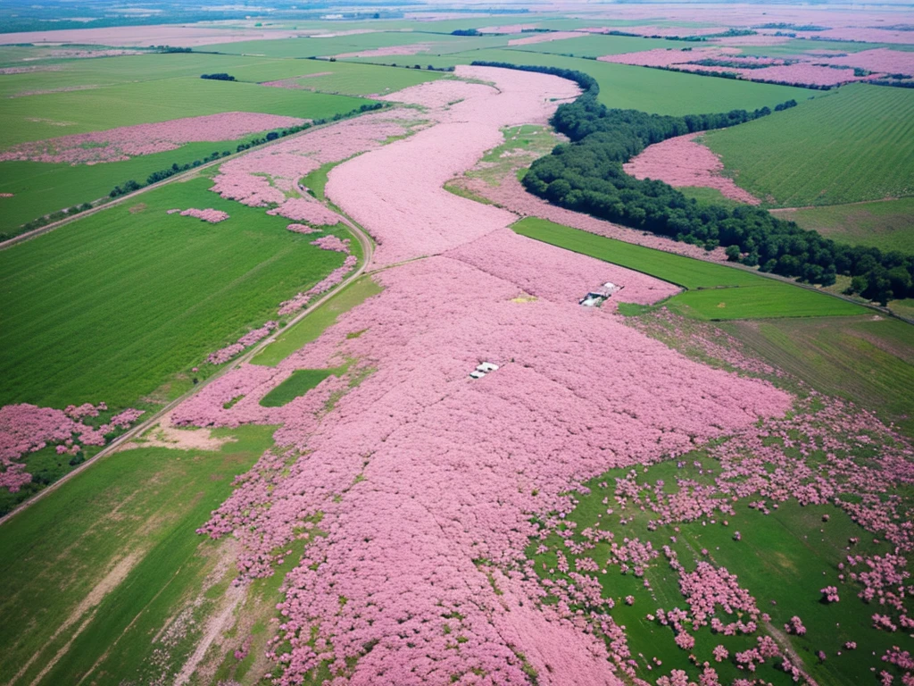 Aerial view，The ground is covered with pink flowers，Endless flowers，Beautiful colors，Real material，Ultra-detailed scenes，4K，real picture