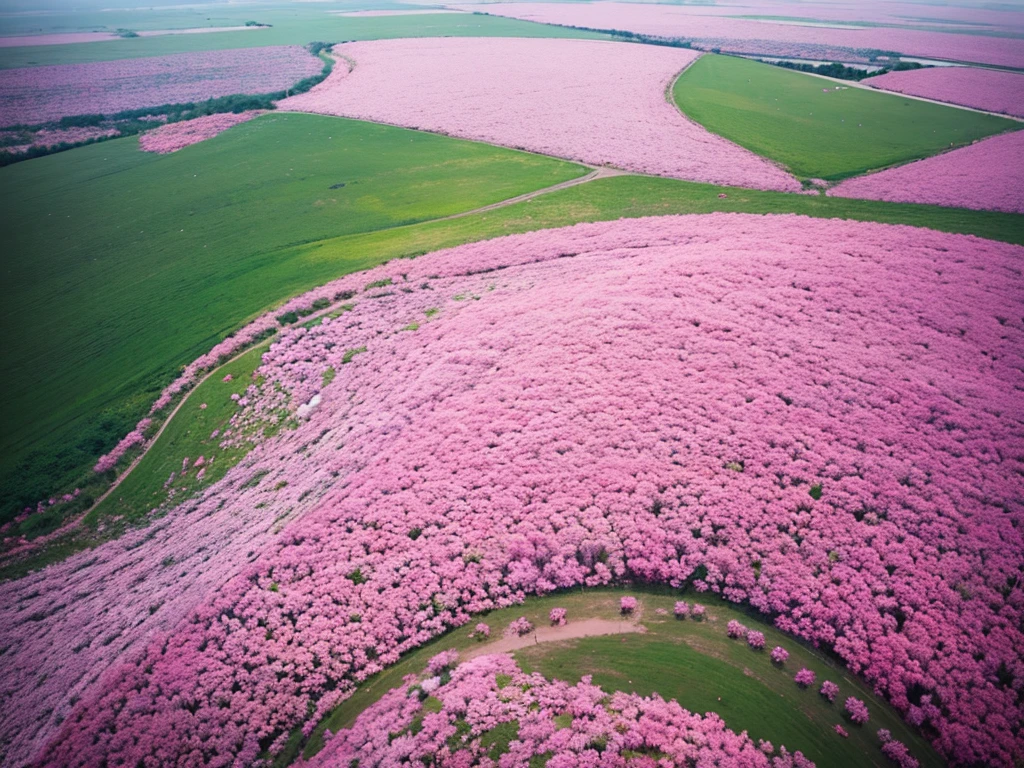 Aerial view,The ground is covered with pink flowers,Endless flowers,Beautiful colors,Real material,Ultra-detailed scenes,4K,real picture