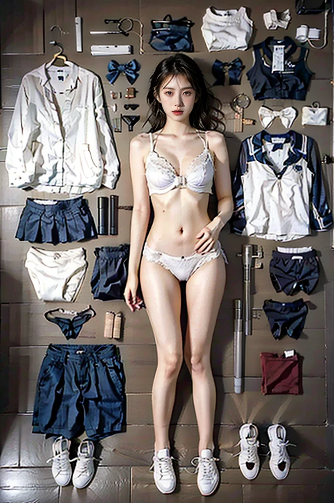 face lighting,bright backlight,small breasts,super high resolution,best quality,Photos,4k,Realistic,knolling,(1girl:1.1),lie,from above,(take off your clothes:1.4),whole body,white shirt,back,blue bow,privates,white shoes,white underwear,white bra,ran,sneakers,(neat visiting clothes:1.2),