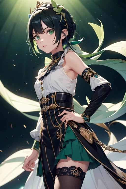 a boy, Venti, 1boy, with green clothes and green beret, green eyes, black hair with teal-chlored braids, in front of a black background, lady dust, Genshin Impact character, Genshin Impact Venti, Genshin Impact keqing, Ayaka Genshin Impact, delicate androgynous prince, style rune factory art 5, dust, wearing an ornate outfit, Fashion JRPG, genshin
