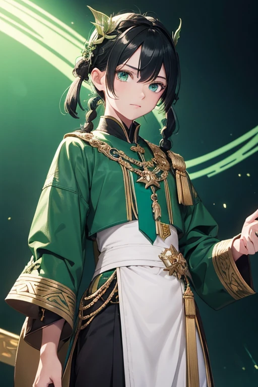 a boy, Venti, 1boy, with green clothes and green beret, green eyes, black hair with teal-chlored braids, in front of a black background, lady dust, Genshin Impact character, Genshin Impact Venti, Genshin Impact keqing, Ayaka Genshin Impact, delicate androgynous prince, style rune factory art 5, dust, wearing an ornate outfit, Fashion JRPG, genshin