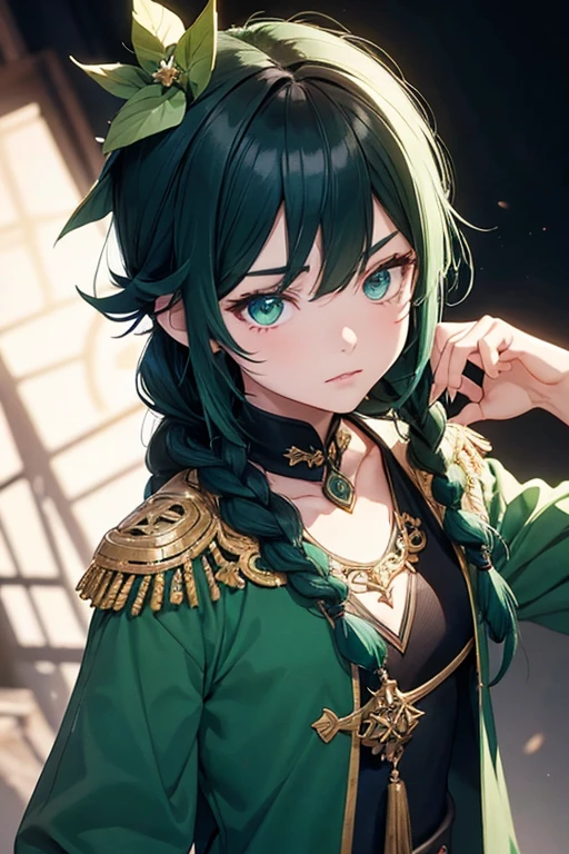 a boy, Venti, 1boy, with green clothes and green beret, green eyes, black hair with teal-chlored braids, in front of a black background, lady dust, Genshin Impact character, Genshin Impact Venti, Genshin Impact keqing, Ayaka Genshin Impact, delicate androgynous prince, style rune factory art 5, dust, wearing an ornate outfit, Fashion JRPG, genshin