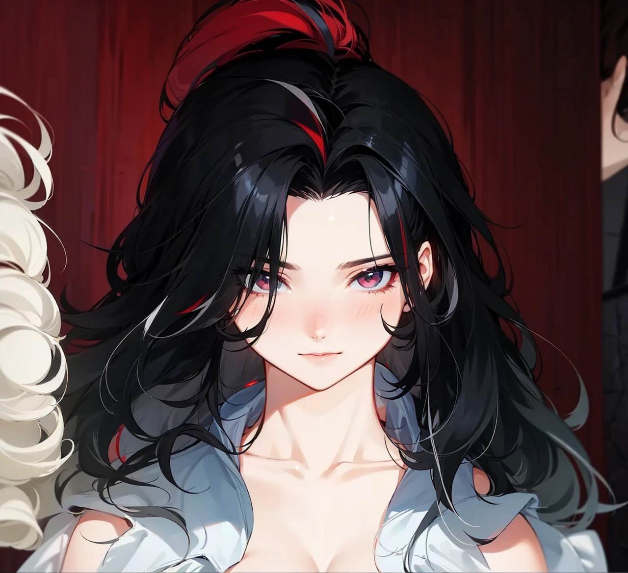 her hair is black and white, it is mix with curly and straight hair, add in some red streaks.