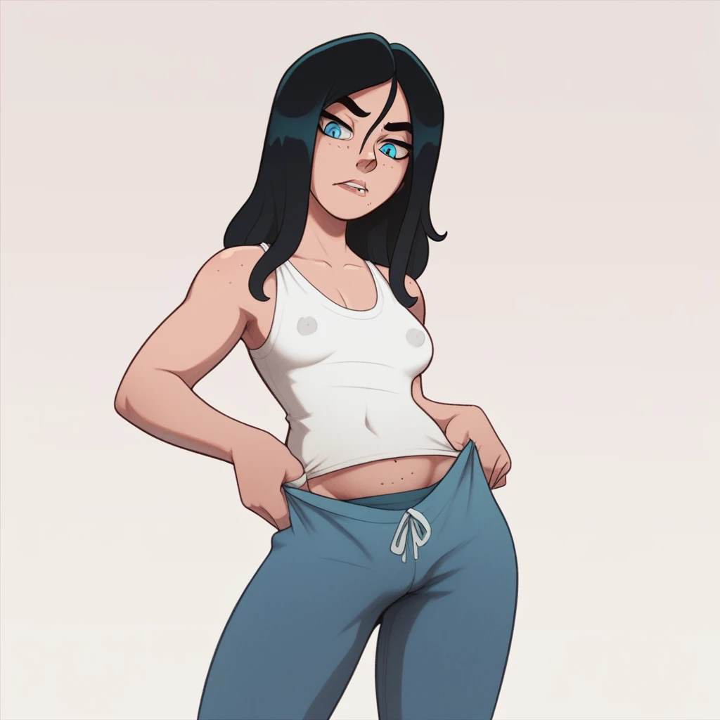 blue eyed curvy girl with long wavy black hair and small breasts (cruel_expression):4.0 (pubic_stubble):3.0, seethrough clothing 