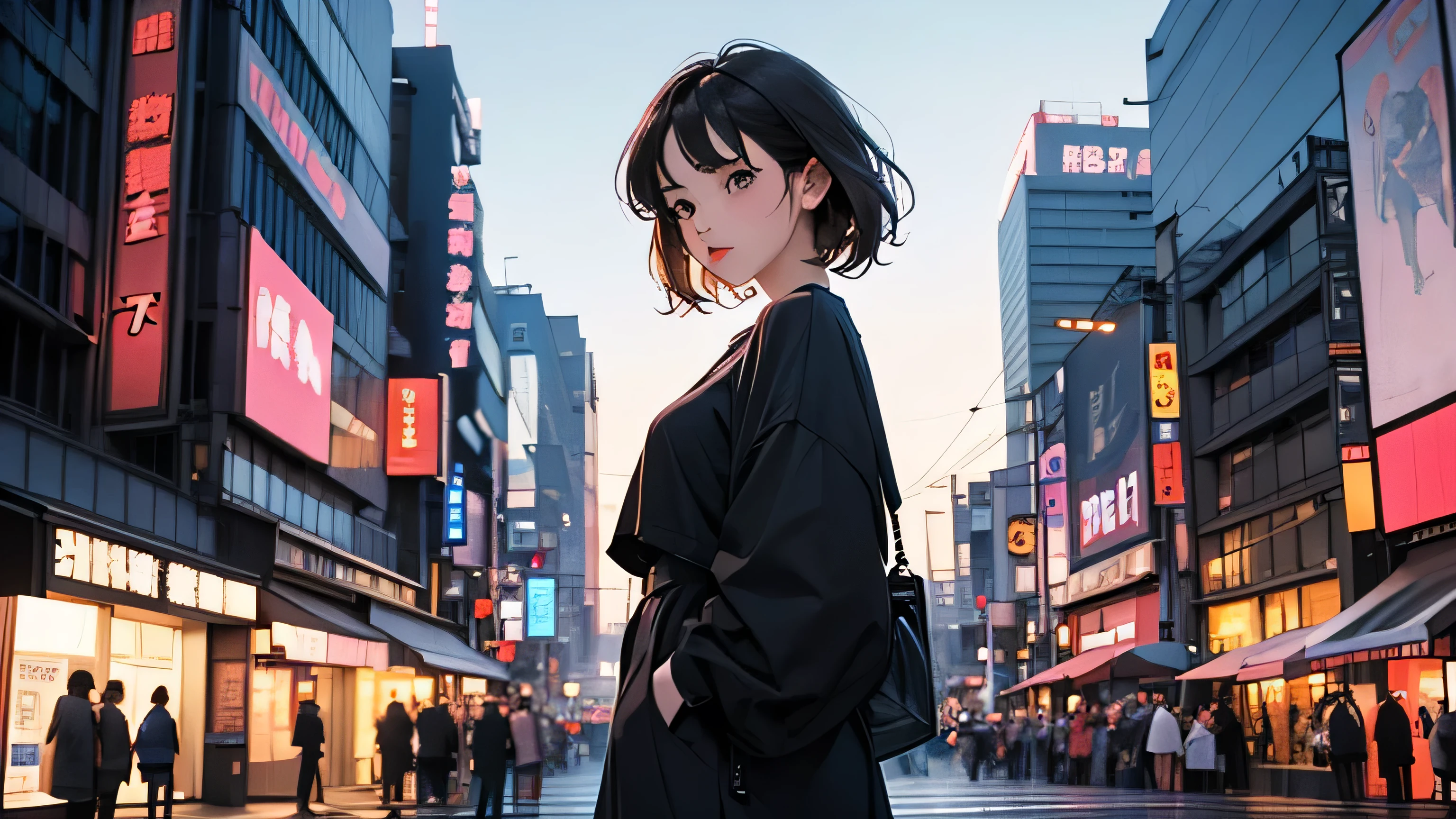 Street fashion girl LOFI Retro Stylish 1980s City evening Tokyo Tower in the background