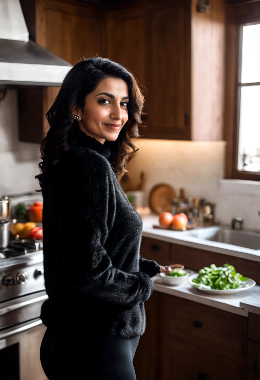 40-year-old arabic woman Black fur sweater Black tights Kitchen Bending Smirk