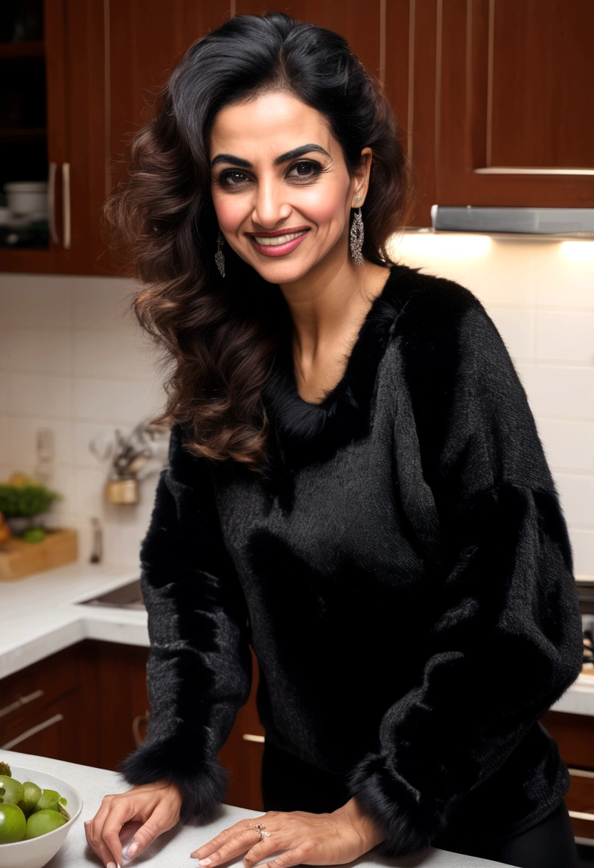 40-year-old arabic woman Black fur sweater Black tights Kitchen Bending Smirk