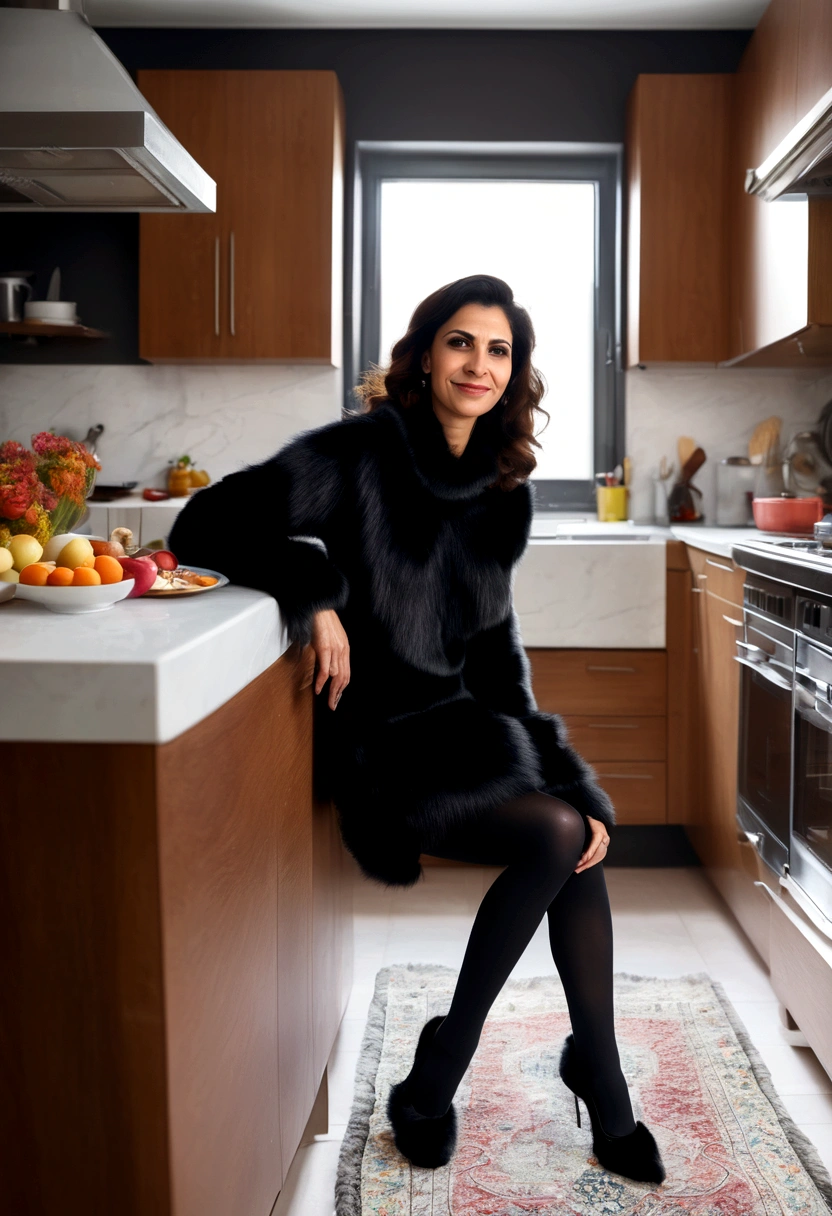40-year-old arabic woman Black fur sweater Black tights Kitchen Bending Smirk