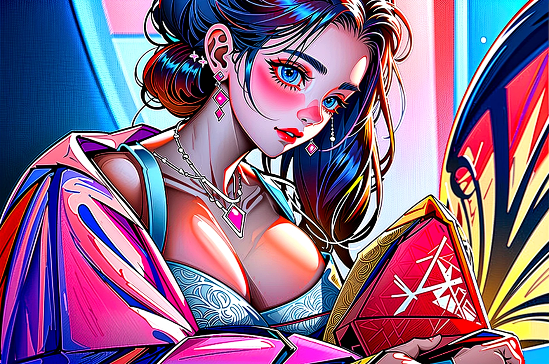 Sparkly dark pink underwear、Illustration of a single woman, Big Breasts、Big Ass、bed、Big Diamond Necklace, Earrings, Updo Hairstyles, Exact details, Accuracy, High quality oil painting, Stunningly beautiful rendering, Fantasy, full_Body Shot