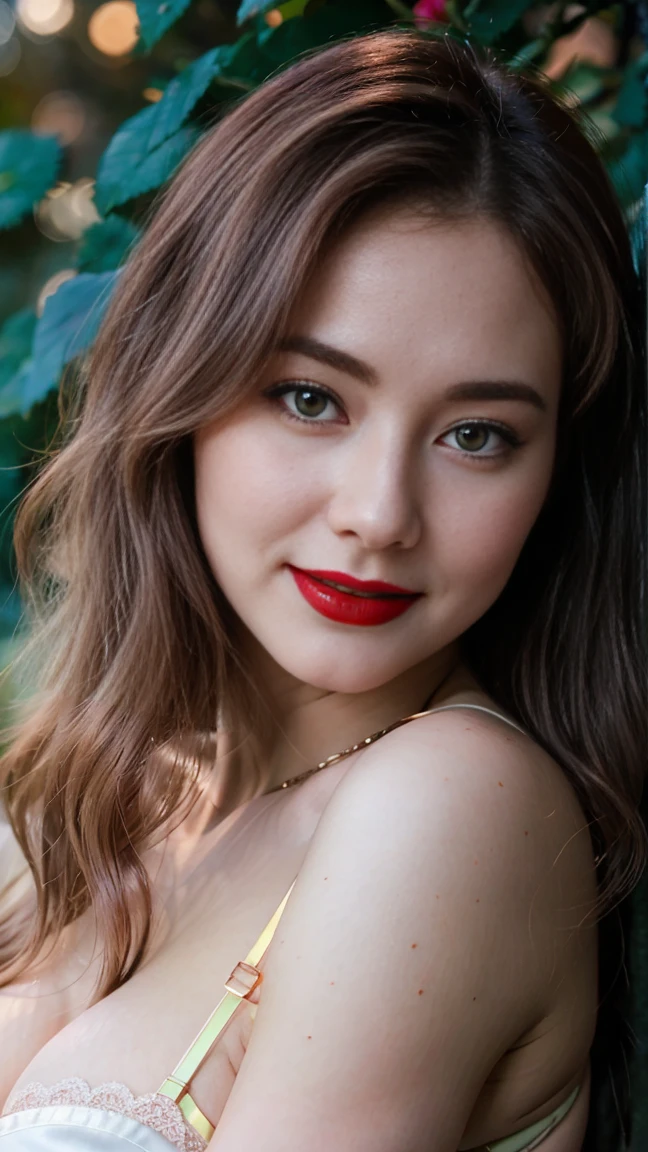 Gorgeus Girl, Beautiful, Baby Face, 20 Years Old, White Skin, red lipstick, sensual Lipstick, Colossal Breasts, Movie Lighting, Futuristic, ((Cleavage)), Green-Gold Classy Lace G-string, Rose Eye, Muscles, Bokeh, Masterpiece, Medium Bob, Rose-Gold Hair, Lying Among the Rubble of Leaves, Smile