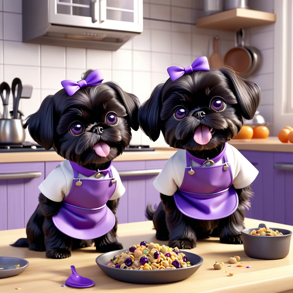 2 Adorable small black Shih Tzu puppies wearing purple collars and aprons playing, making a food mess in Disney kitchen 3d cartoon, 3d render, disney pixar style