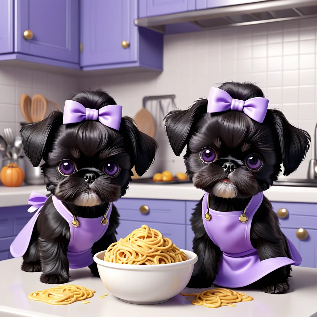 2 Adorable small black Shih Tzu puppies wearing purple collars and aprons playing, making a food mess in Disney kitchen 3d cartoon, 3d render, disney pixar style