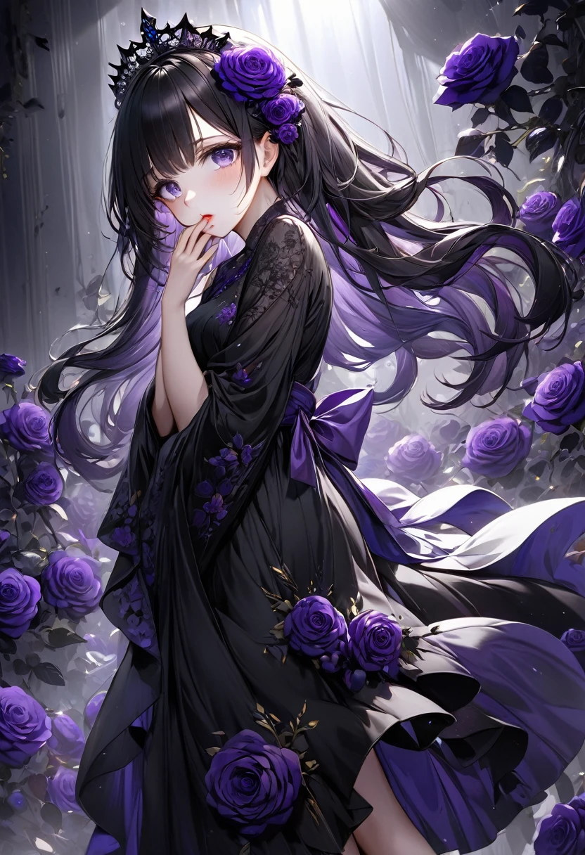Full Body View, Elevation, Beautiful attention to detail, Beautiful lip detail, Highly detailed eyes and face, Long eyelashes, beautiful and cute young girl, Princess of the Underworld, dark表情, Depressed face, look up, Put your hand over your mouth, White and black gradient hair, Through the bangs, Flowing Hair, Decorated with purple and black roses黒人の薄いベール, Decorated with purple and black roses、Very beautiful black dress, dark地下世界の背景, (Highest quality,16K,High resolution,masterpiece:1.2),Super detailed,(Ultra-realistic,Photorealistic:1.37),High resolution,超High resolution,Studio Lighting,Ultra-fine painting,Sharp focus,Physically Based Rendering,Very detailed explanation,Professional,Vibrant colors,Japanese anime style,Dramatic lighting,Chiaroscuro,mysterious,melancholy,dark,Surreal,Fantasy